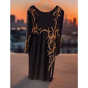 Vtg 1970-80s Jewel Queen 100% Pure Silk Black Gold Beaded Cocktail Dress Large